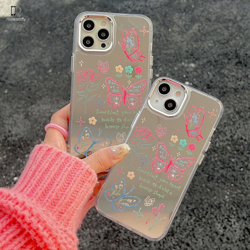 Kawaii Spiegel Mirror Case iPhone 11 13 XR XS 7Plus 8Plus Untuk Casing HP Phone Case- Rose'3C