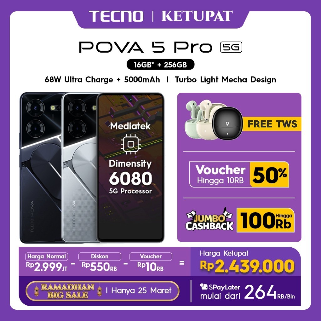 iA Ponsel TECNO POVA 5 Pro 5G – Dimensity 6080 5G, 8+8GB*+256GB, 68W Super Fast Charging+5000mAh, 12