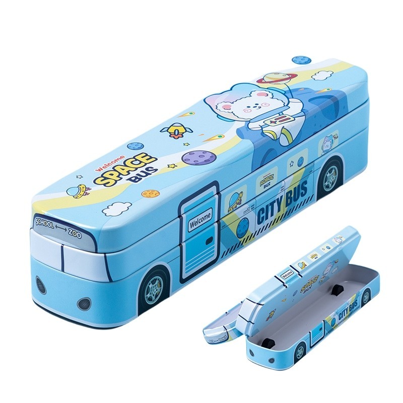 

Di Luar Kotak Pensil Anak Sekolah Anak-anak Kotak Pensil Sekolah Anak-anak Geometris Multifungsi Desain Bus Double-Decker Logam Lucu 2 Lapis untuk Anak Laki-laki