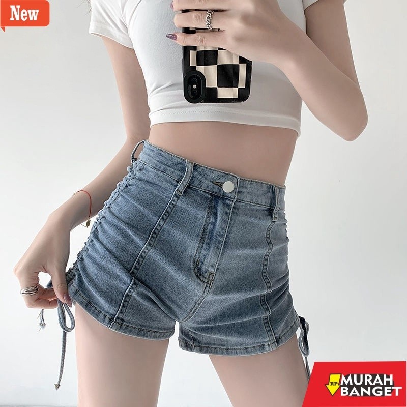 Celana pendek denim wanita- CELANA JEANS PENDEK HW SERUT KOREA STYLE-P018