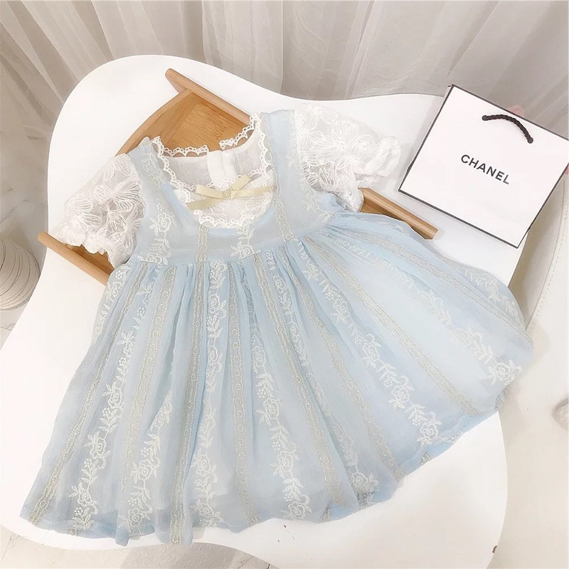 CF56UK Dress Noni Blue ala putri kerajaan | gaun biru muda kombinasi putih brukat | korean style | E
