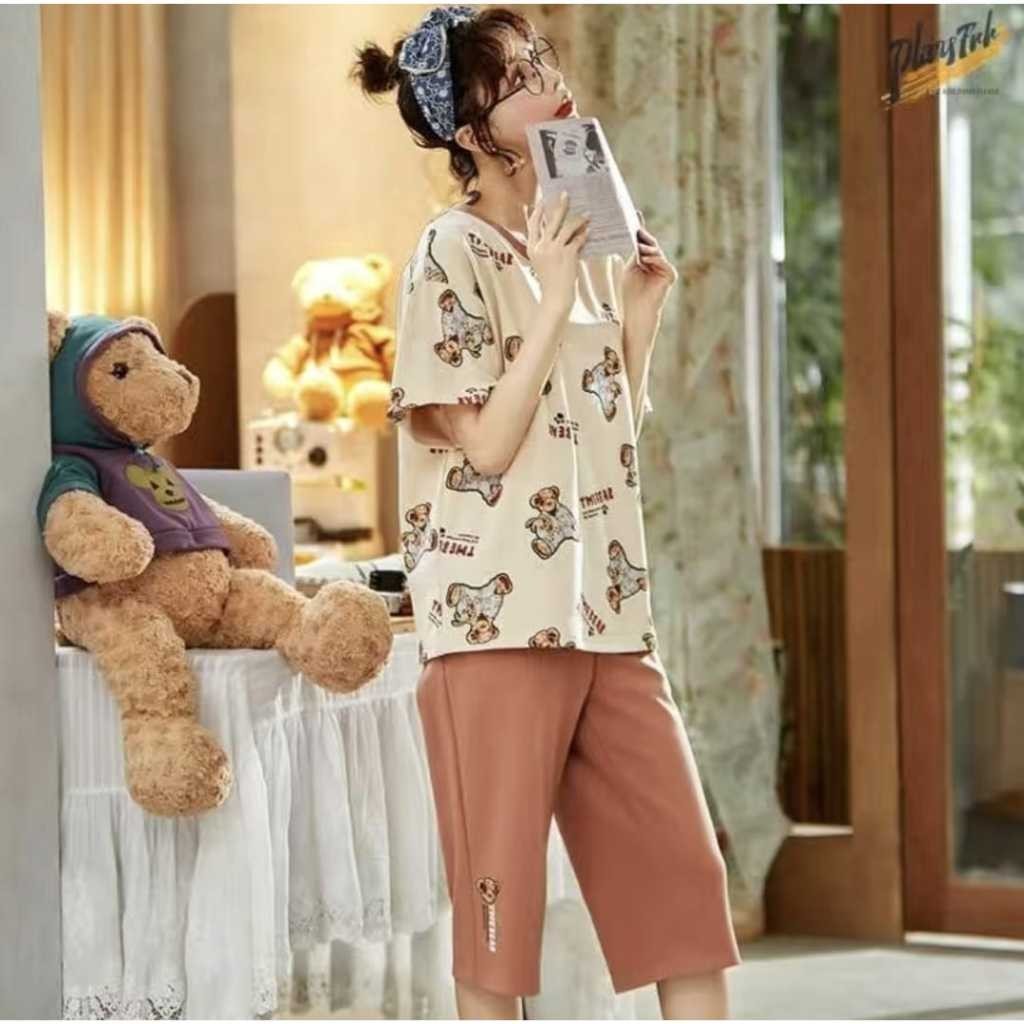 Baju tidur piyama setelan celana 7/8 bahan kaos import LENGAN PENDEK SETELAN SETCEL ONESET SET PIYAM