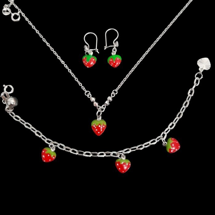✨COD✨ -Set Perhiasan Anak Stoberry Perak 925 (Anting+Kalung+Gelang+Cincin)