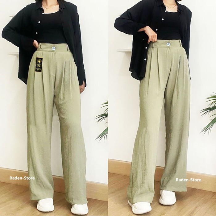 Celana Kulot Crinkle Highwaist Loose Cullote Pant Celana Kantor Wanita - Sage, STANDAR