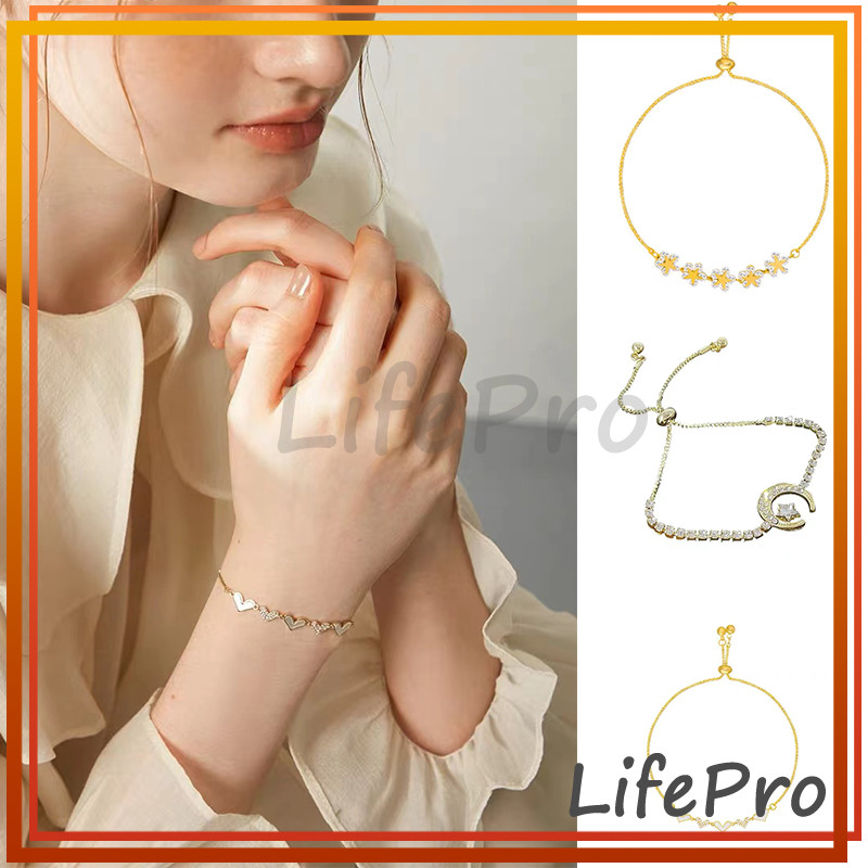 Gelang Serut Titanium Wanita Korea Mewah Zirkon Bunga Couple Gelang Berlian Imitasi Emas Fashion