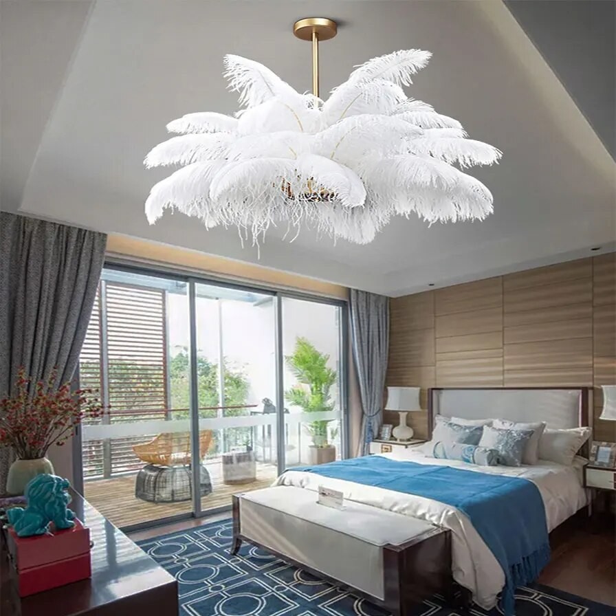 Lampu Gantung Bulu Nordik Mewah Untuk Ruang Tamu Modern Warna Putih