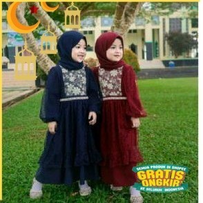 Gamis premium set anak( bonus jilbab)/Maron merah bata red anak tanggng