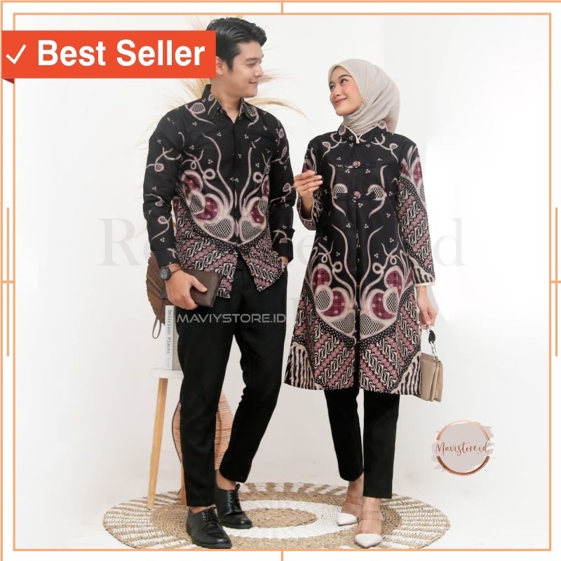 Baju COuple Idul Fitri Murah / Batik Seragam Couple Batik Kemeja Slimfit & Tunik Long Model Floy Spe