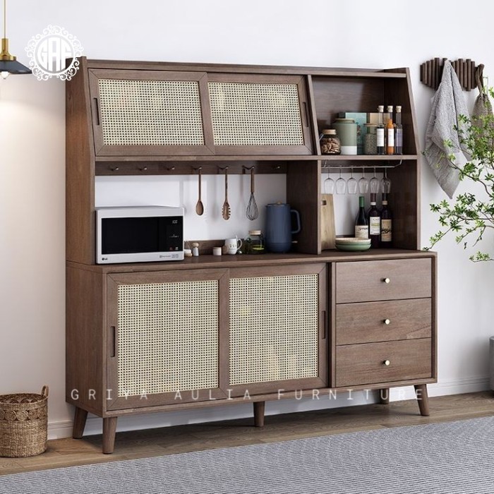 Bufet dapur kayu jati kombinasi rotan lemari dapur terbaik