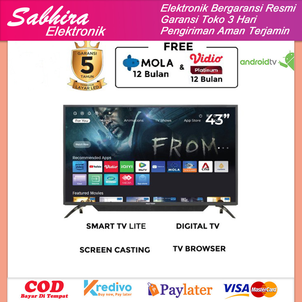 Tv led 43 inch smart tv polytron full hd pld 43CV1569 garansi resmi