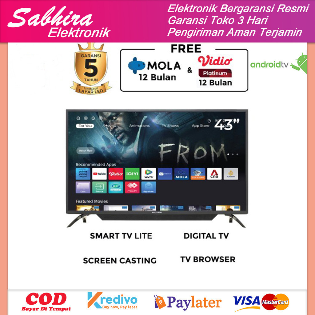 Tv led 43 inch smart tv polytron full hd pld 43CV1569 garansi resmi