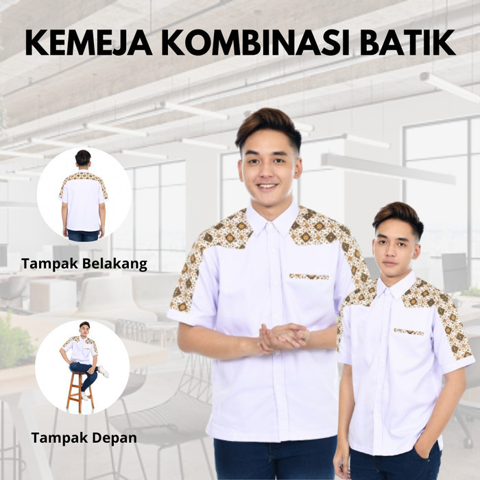 Kemeja pria motif batik/hem batik pria lengan pendek/baju karyawan - Putih, S