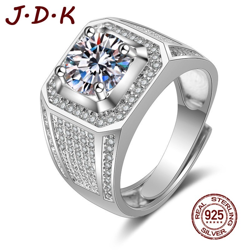 JDK Cincin Perak Pria, Cincin Berlian Penuh Berlian Putih Berlapis Emas 925 Bisa Disesuaikan