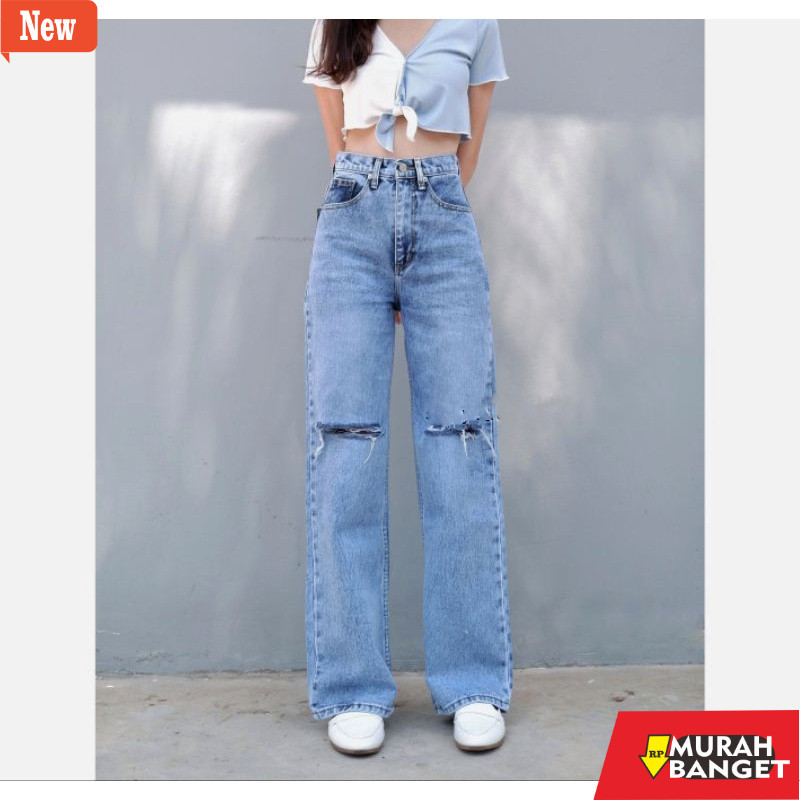 Celana panjang denim wanita- CELANA HAIGHWAIST KULOT JEANS SOBEK LUTUT//CELANA KULOT JEANS SOBEK WAN