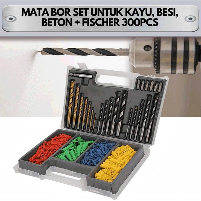 SET DR 300 PCS Mata Bor Besi Baja Kayu Beton Kombinasi Skrup Baut Fisher Tembok Twist Drill Bit Set 