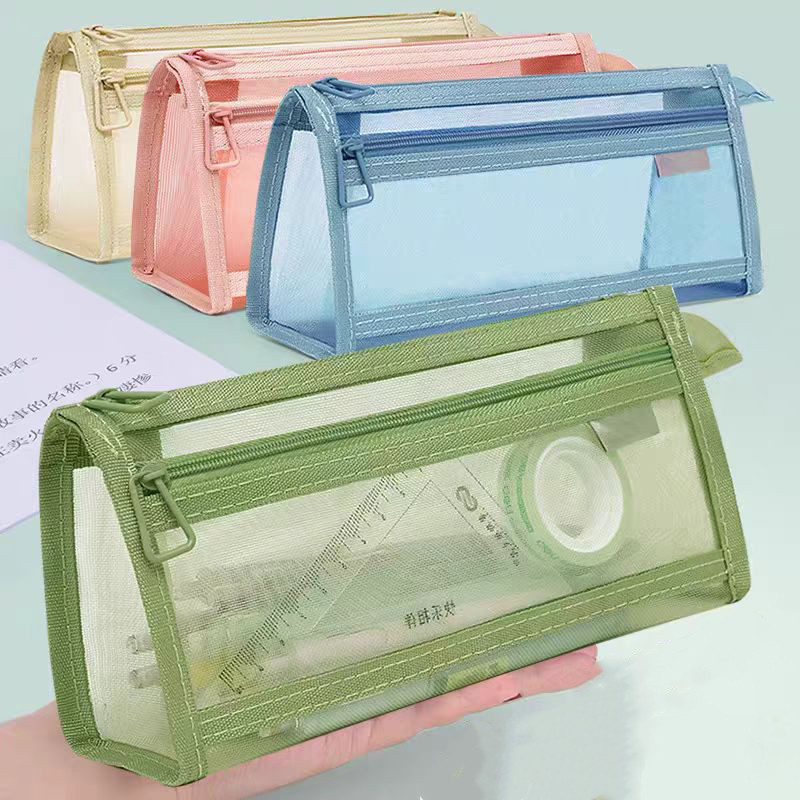 

Tempat pensil jala berkapasitas besar transparan sederhana / tas alat tulis segitiga tiga dimensi /Mesh pencil case