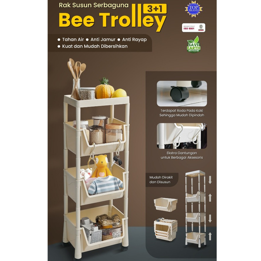 Bee Trolley NAPOLLY -  Keranjang Laundry Basket Dapur Pakaian Baju 3 Susun | Toy Storage Rak Susun 4