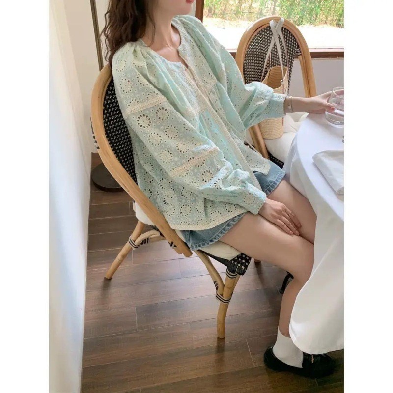 Warna Hijau Mint Bordir Bunga Matahari Tie-Neck Lengan Panjang Model Lantern Baju/Blus Cewek Unik Da