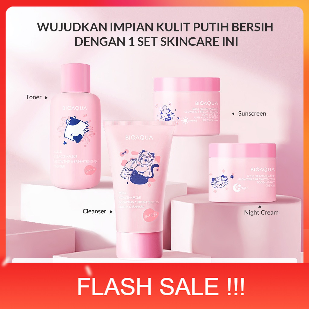PROMO BIOAQUA 4pcs Skincare Paket Niacinamide Glowing & Brightening / Tea Tree Oligopeptide Acne Set