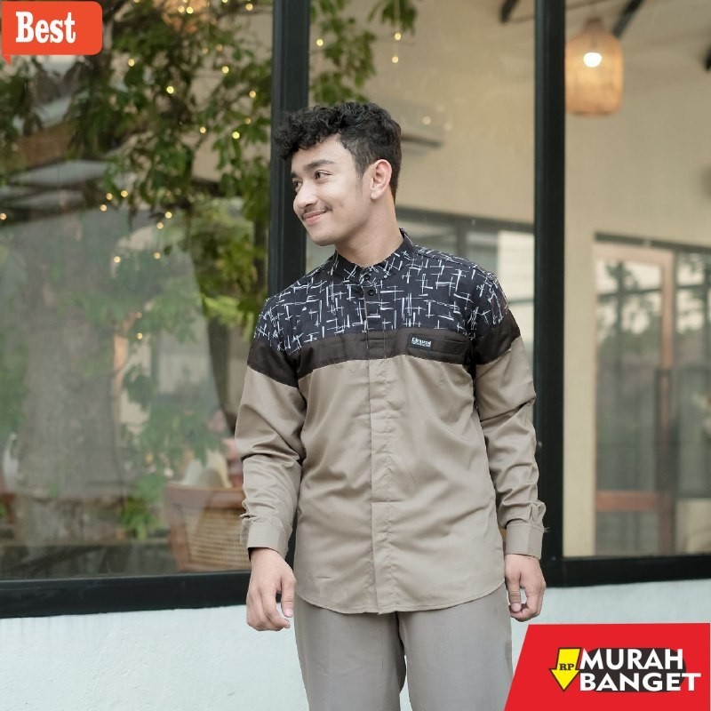 Baju muslim lengan panjang- Baju Kemeja koko Original Elrumi Lengan Panjang Motif Senopati Kombinasi