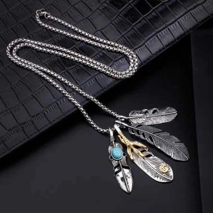 Goros Feather Necklace Kalung Goro Stainless Steel Silver Hiphop Bulu