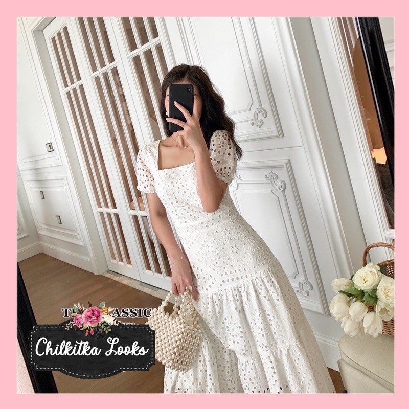 CHILKITKA LOOKS FASHION OUTFIT Ginza Dress Korean Eyelet Manis Cantik Casual White Pink