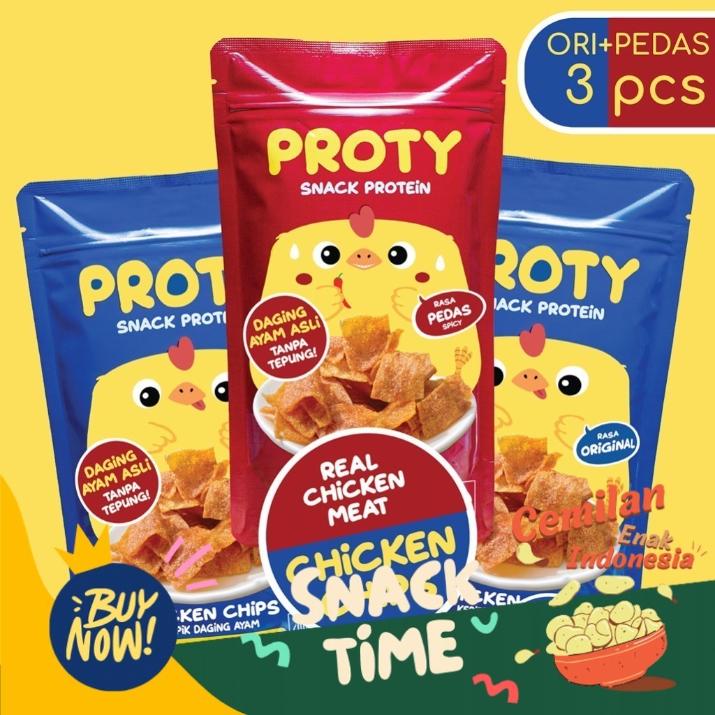 

PROMO SPESIAL PROTY Chicken Chips Ori(2 pcs)+Pedas(1 pcs) Snack Cemilan Berprotein Tinggi - Keripik Daging Ayam Asli Krispi 18 gr