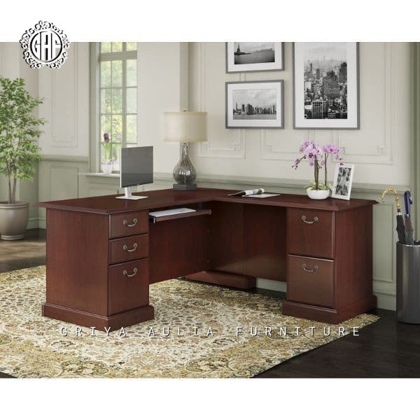 Meja kantor kayu jati meja direksi leter L model minimalis