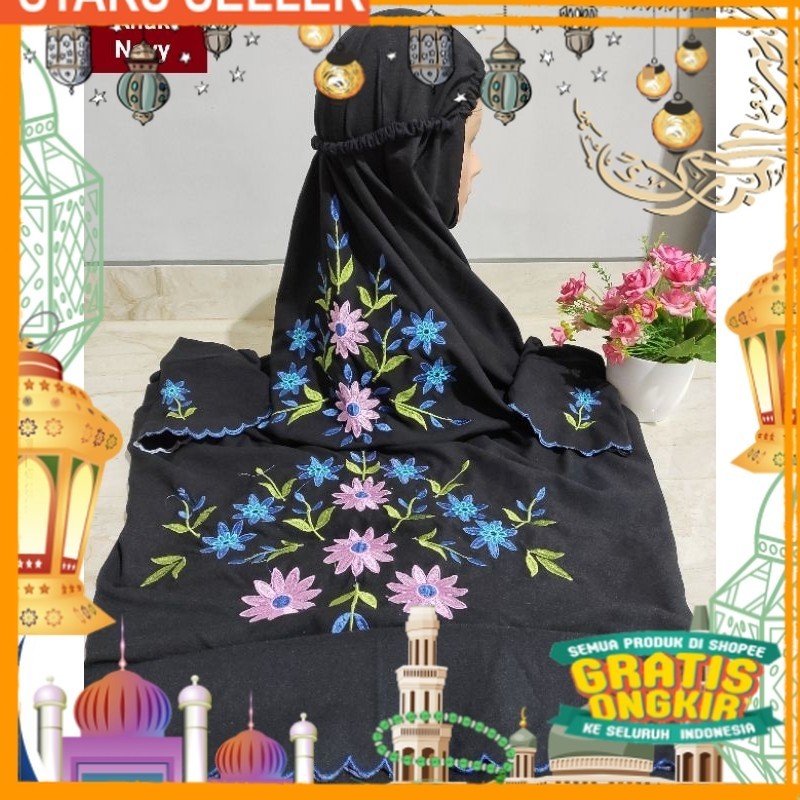 READY MUKENA ANAK TERCANTIK(COD) Mukena Polino anak Terusan Kain Dasar Warna Hitam Motif Bunga terat