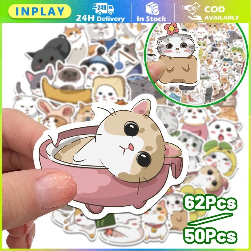 

50Pcs/62Pcs Stiker Kucing Kartun Yang Dilukis Dengan Tangan / Stiker Desain Kartun Hewan Kucing Kawaii Warna Kuning Untuk Notebook Laptop Koper Sepeda
