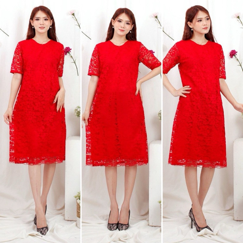 Dress Brokat Full Furing/Dress Brukat Slim/Dress Natal Midi Dress