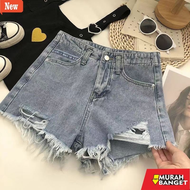 Celana pendek denim wanita- Fashion wanita celana jeans pendek wanita celana jeans sobek ripped jean