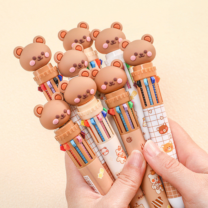 

10 Colors Ballpoint Pen Cartoon Bear 0.5mm Colorful Ink Gel Pens Silicone Kawaii Pens School Office Supplies Korean Stationery