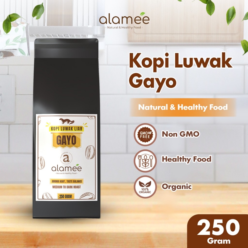 

ALAMEE Kopi Luwak Liar Arabika Aceh Gayo Gluten Free Non-GMO Bebas Gula Wild Civet Coffee 250gr