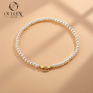 Dilapisi emas 18 karat Kalung mutiara imitasi D ganda baja titanium yang tidak luntur temperamen ber