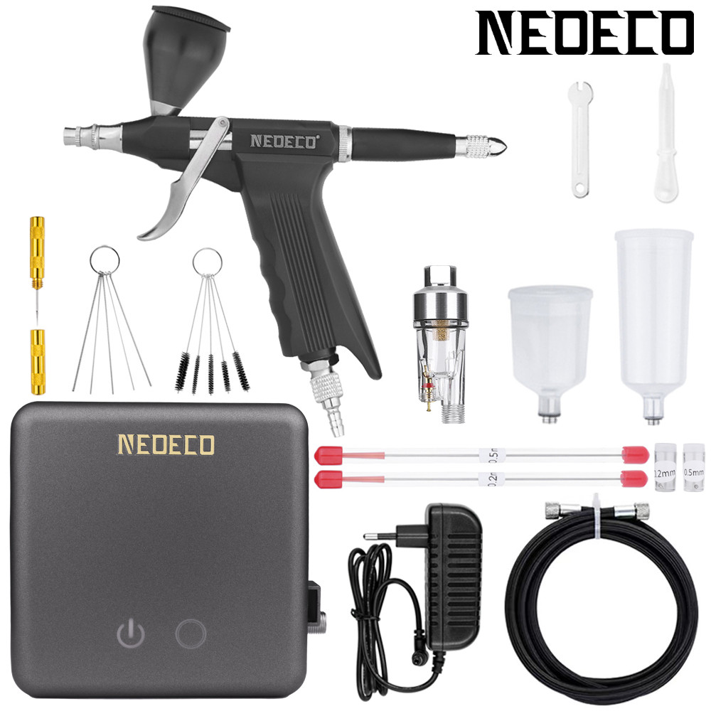 

Trigger Air-Paint Control Side Feed Airbrush with Mini Grey Auto Stop Compressor Kit 0.2 0.3 0.5mm for Car/Body Painting Cake