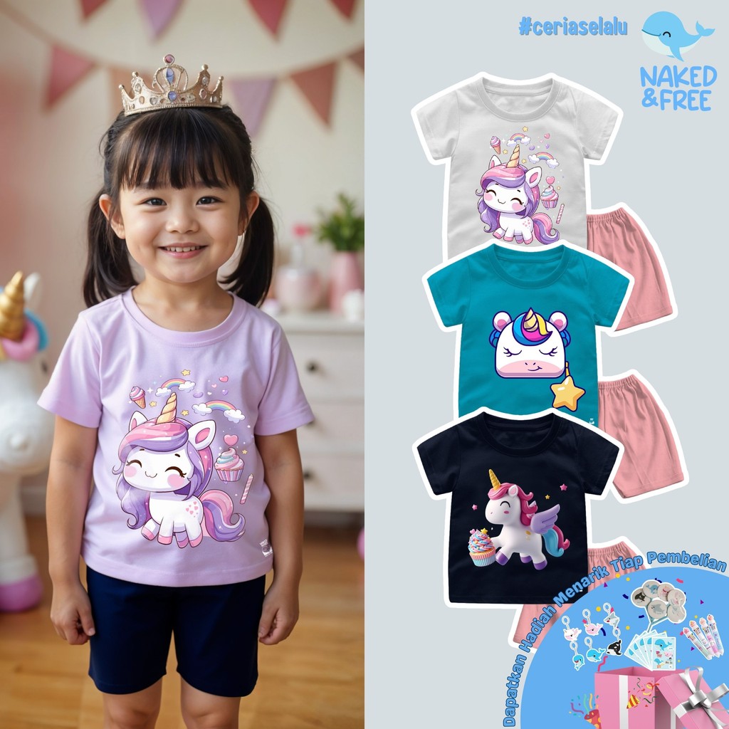 Naked & Free Setelan Pendek Bayi Anak Perempuan Unicorn Series Delivery Cake Bahan Katun 30s Uni-1