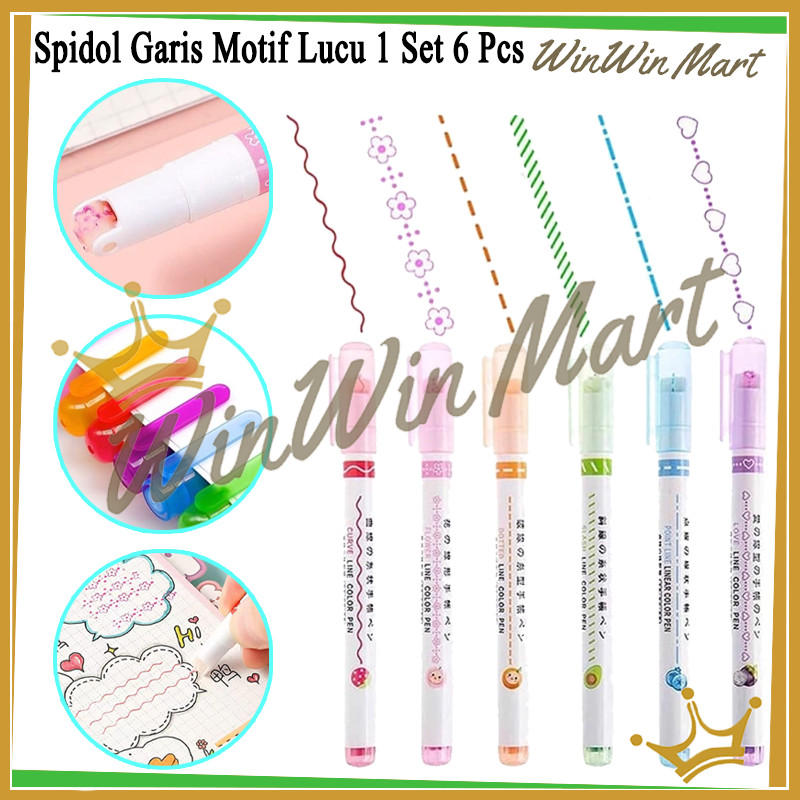 

Spidol Garis Motif Lucu 1 Set 6 Pcs/Spidol Garis Aesthetic Warna Warni/Line Marker Bentuk Bunga Curve Roller