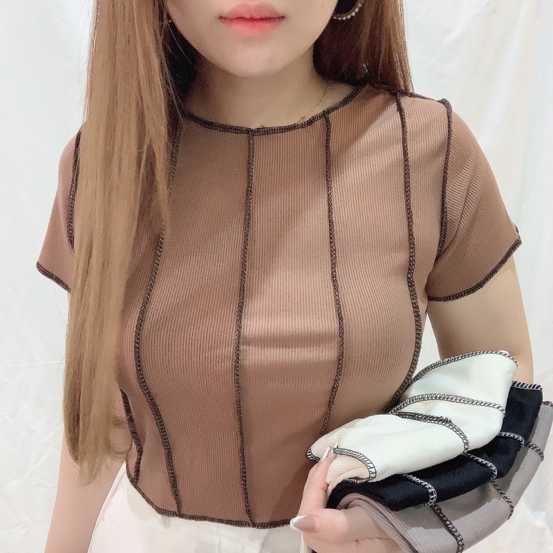 viral Stitch Knit Crop Top Short Sleeve | Baju Kaos Atasan Lengan Pendek Model Terbalik Jahit Bolak 