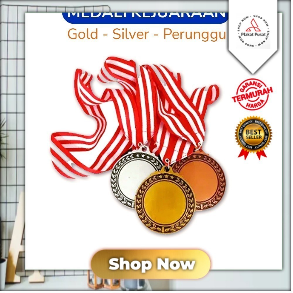 Custom Akrilik Medali Warna Emas Perak Perunggu Plus Tali Merah Putih Medalion Mendali Gold Silver B