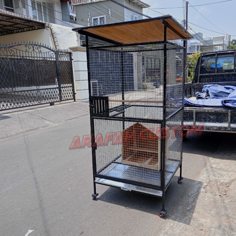 Sangkar Kandang Burung Hantu Full Besi Galvanis Kawat Tebal Kotak Jumbo Besar Atap Kayu Jati Asli