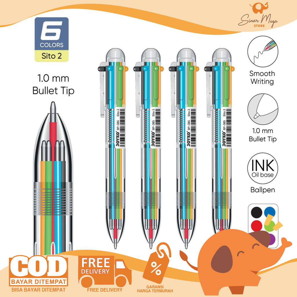 

Joyko Ballpen BP-385 SITO 2 Pulpen Cetek Retractable Transparant 6 Warna 1.0 Murah