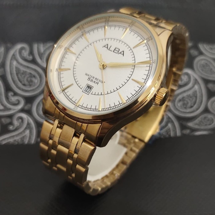 jam tangan pria alba rantai stainless warna gold free kotak kancing