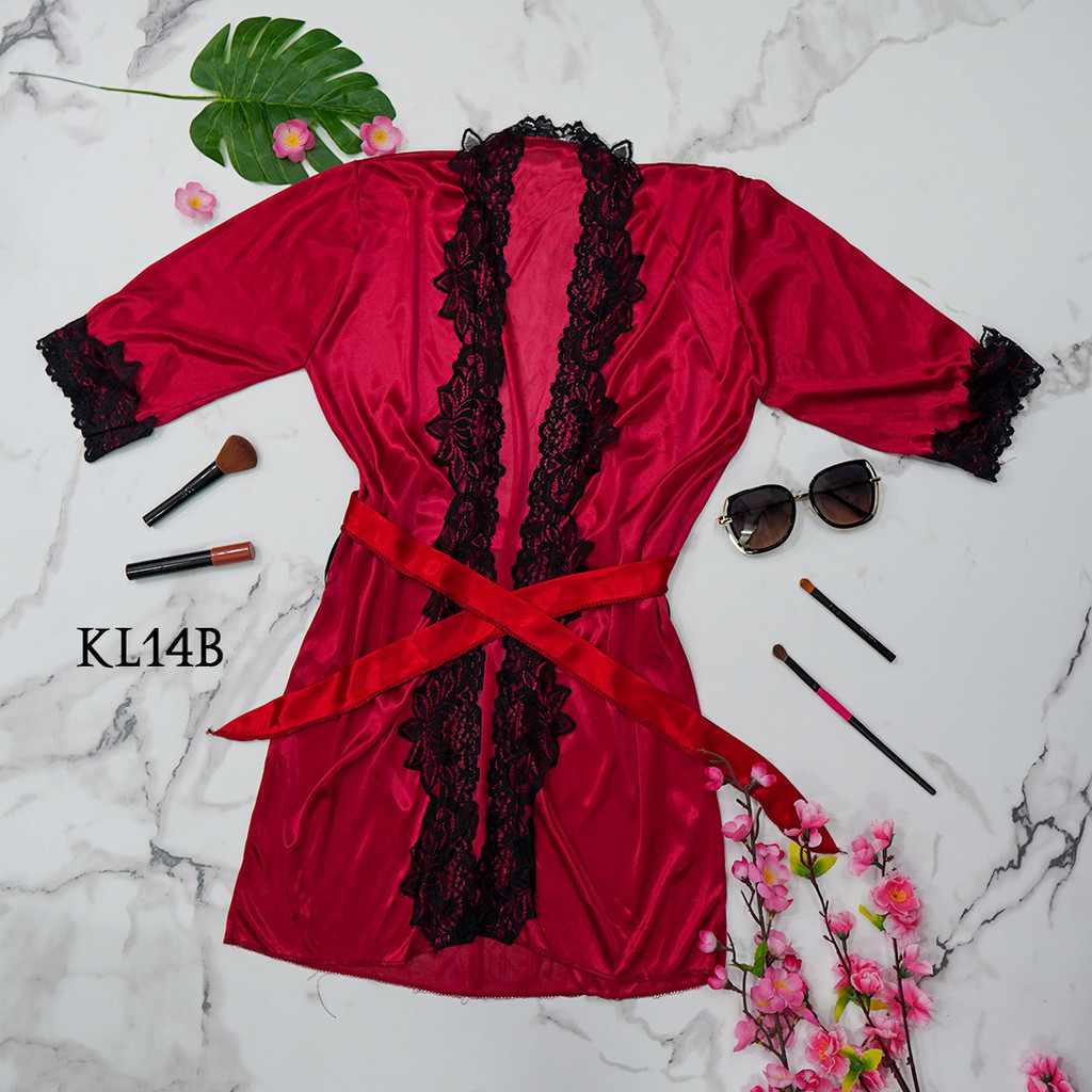 Dress Satin Brokat Kimono Lingerie Wanita Ice Silk Maron KL14B