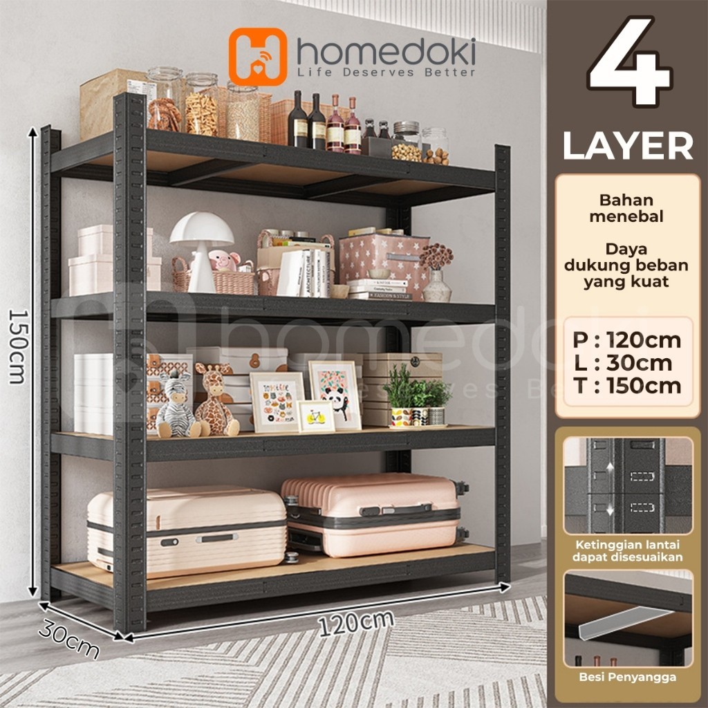 Homedoki Rak penyimpanan 4 tingkat / 4 susun Rak gudang Serbaguna Rak/ lemari dapur serbaguna