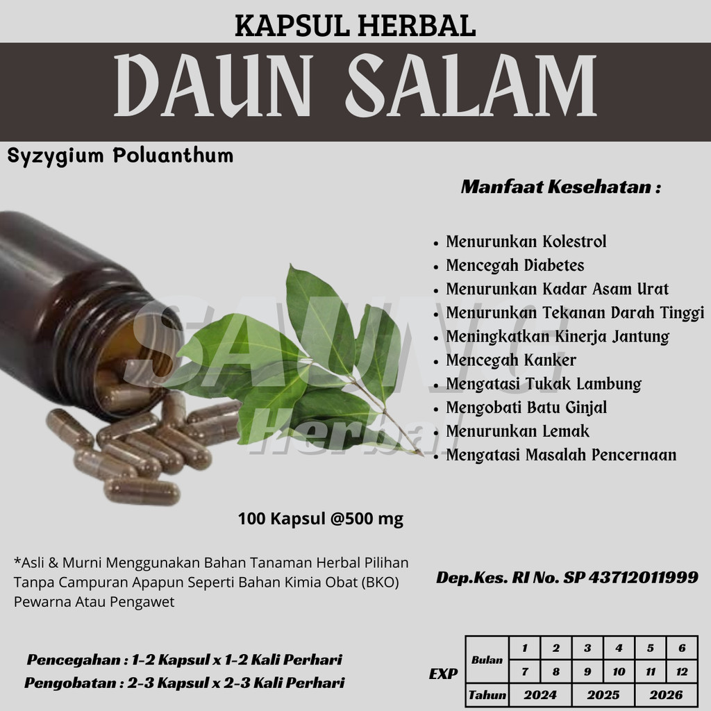 DAUN SALAM  Kapsul Herbal Batu Ginjal, Menurnkan kolestrol Meningkatkan kekebalan tubuh