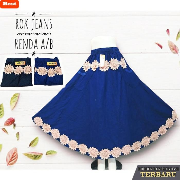rok wanita kekinian Rok Jeans Jumbo Dewasa Motif Renda - Alfa shop26 Wanita Panjang - Dark blue, Int