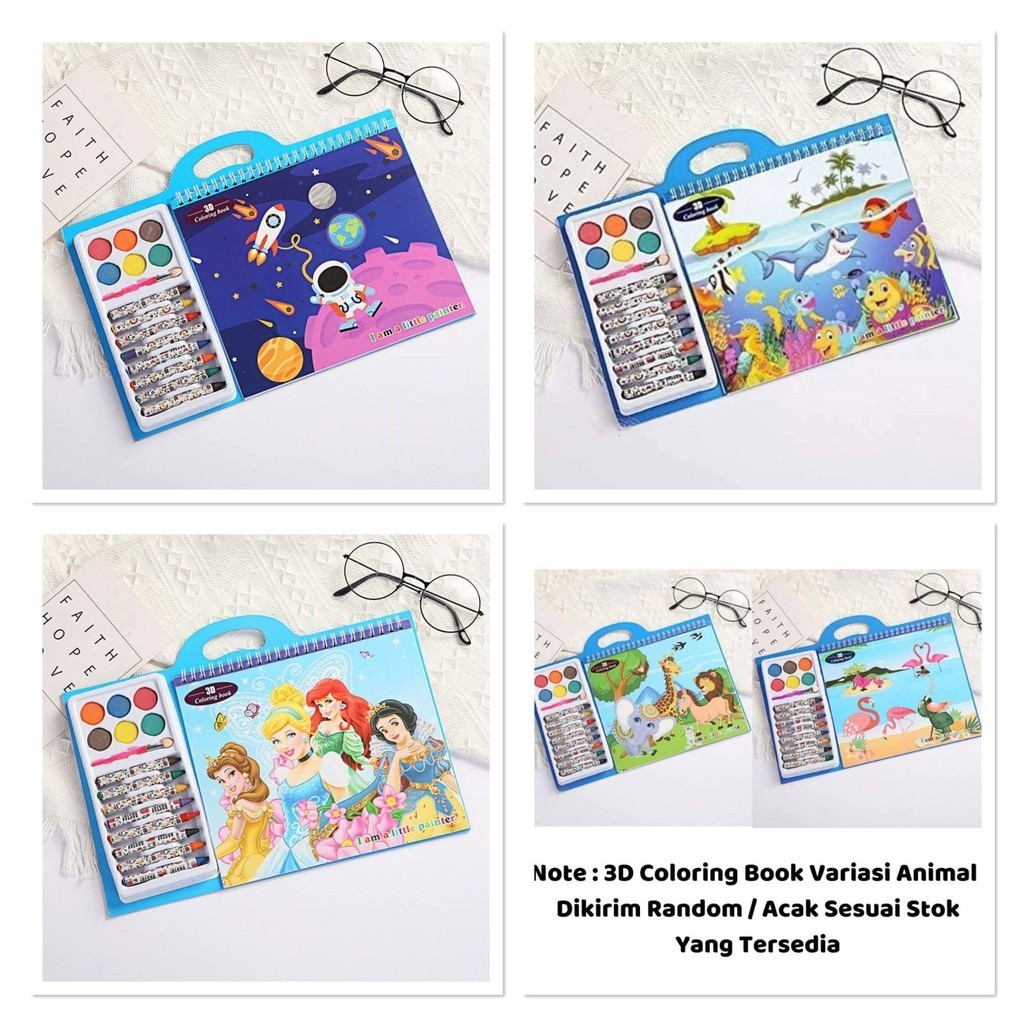 

3D Coloring Book / Set Peralatan Buku Mewarnai Dengan Crayon Cat Air Lengkap/BUKU MEWARNA LENGKAP