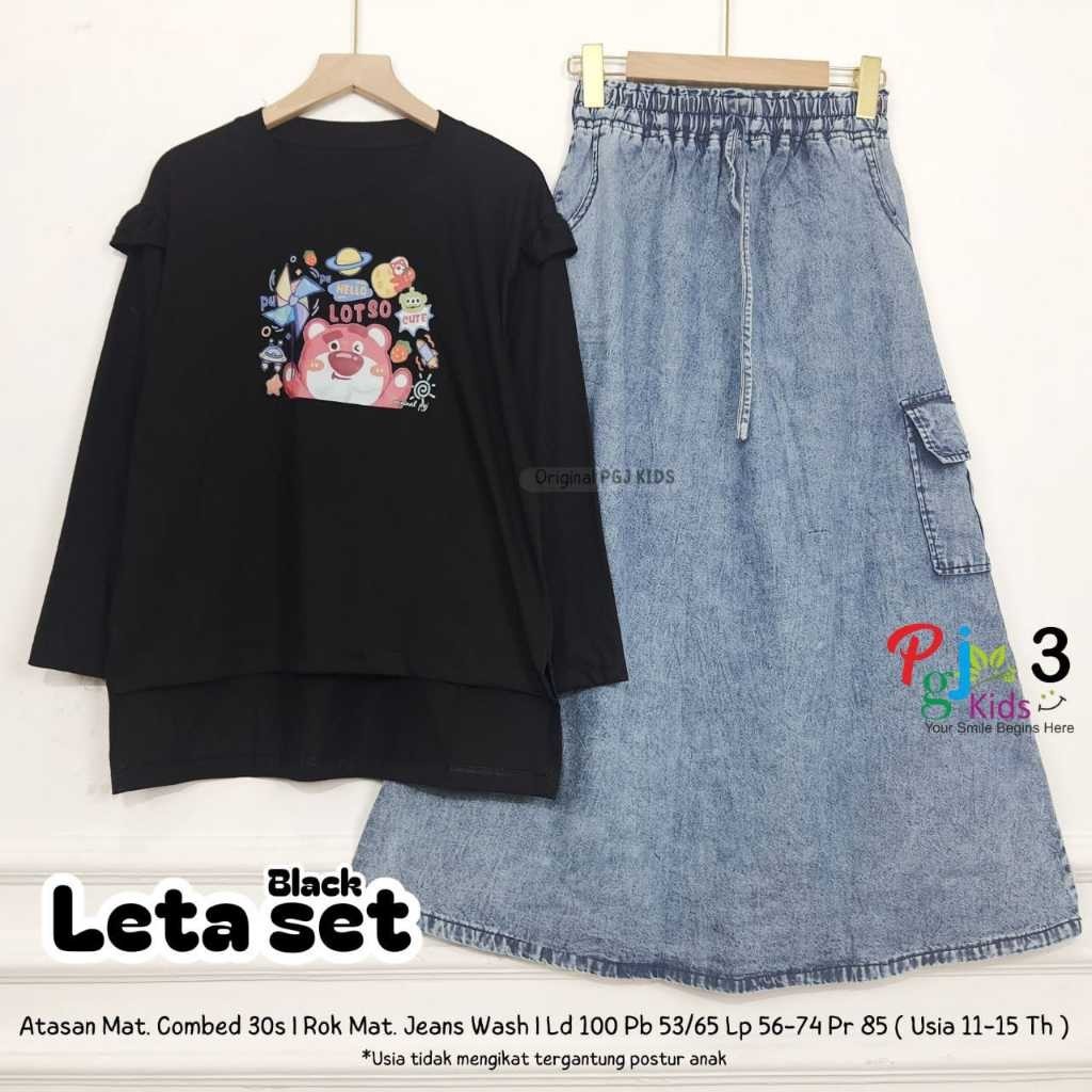 setelan rok jeans anak perempuan 11-15 tahun berry leona leta set ori pgj kids