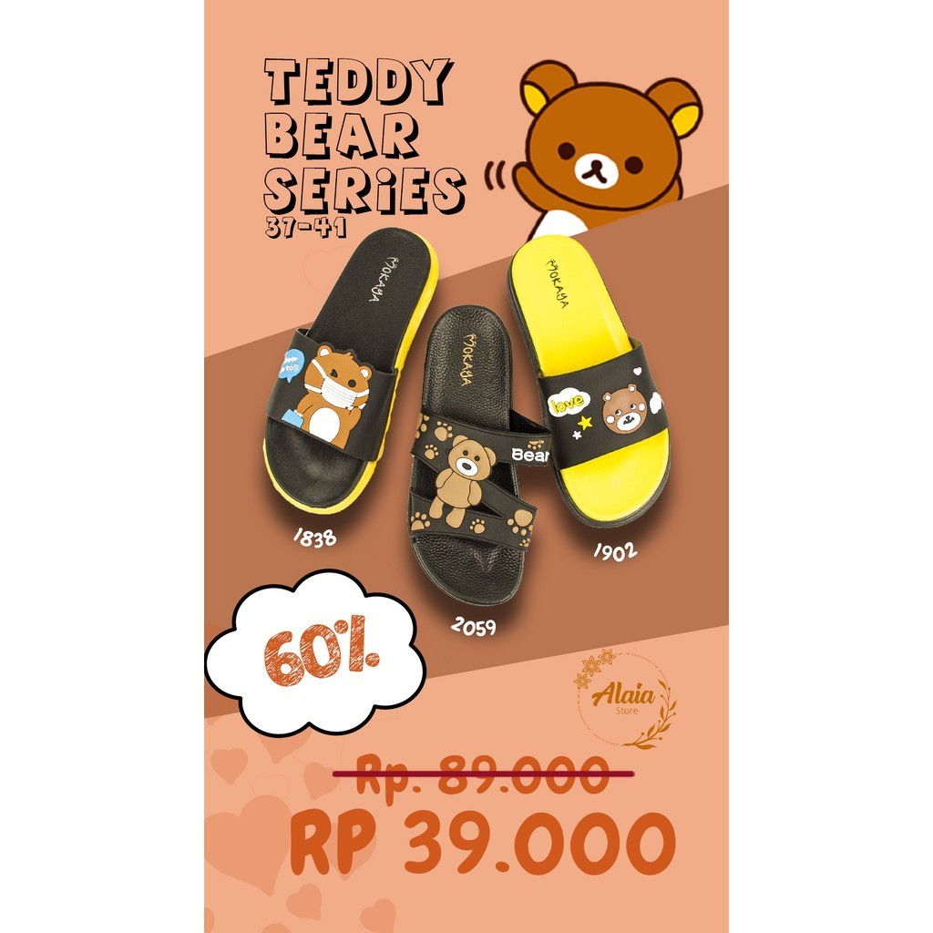 ❣️Promo❣️ Sandal slop wanita impor Motif Bear Lucu - Mokaya 2059 (37-41) / Sandal slop ban 3 cewek